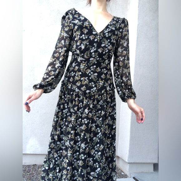 ASTR the label bohemian maxi black yellow floral long sleeve dress - Picture 3 of 14